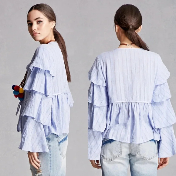English Factory Blue Pom Pom Tie Top Tiered Sleeve Blouse Size Small - Picture 2 of 16